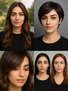 کلاژی از مدل‌های رنگ موی نسکافه‌ای: رنگ موی نسکافه‌ای روشن روی موهای بلند در نور روز، مدل موی کوتاه با تناژ نسکافه‌ای دودی، هایلایت طلایی روی زمینه نسکافه‌ای عسلی، و تصویر قبل و بعد اجرای رنگ نسکافه‌ای روی موهای مشکی.